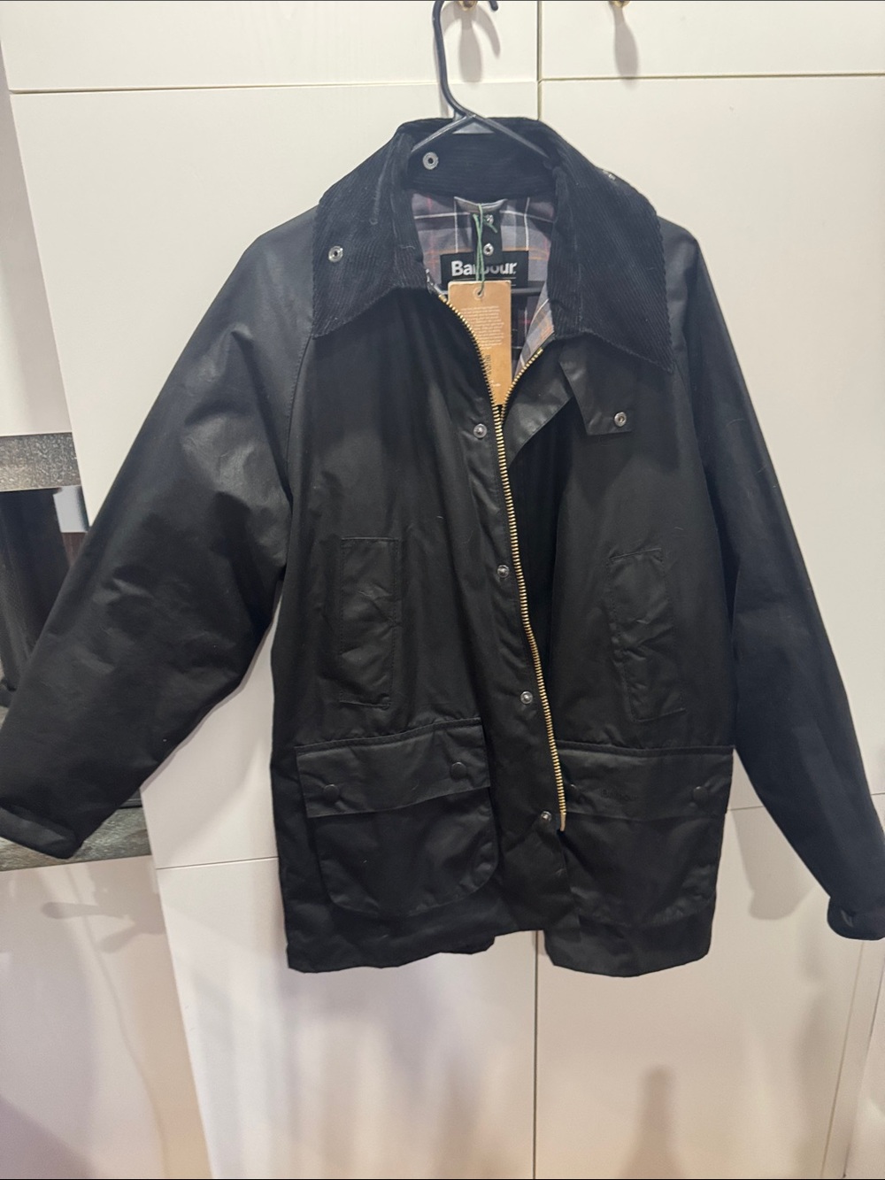 Barbour Black Waxed Cotton Field Jacket with Corduroy Collar
